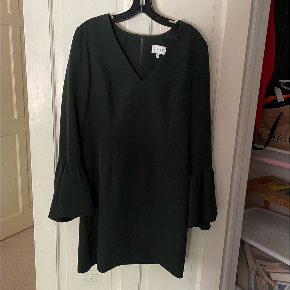 Milly dark green mini dress with ruffle sleeve